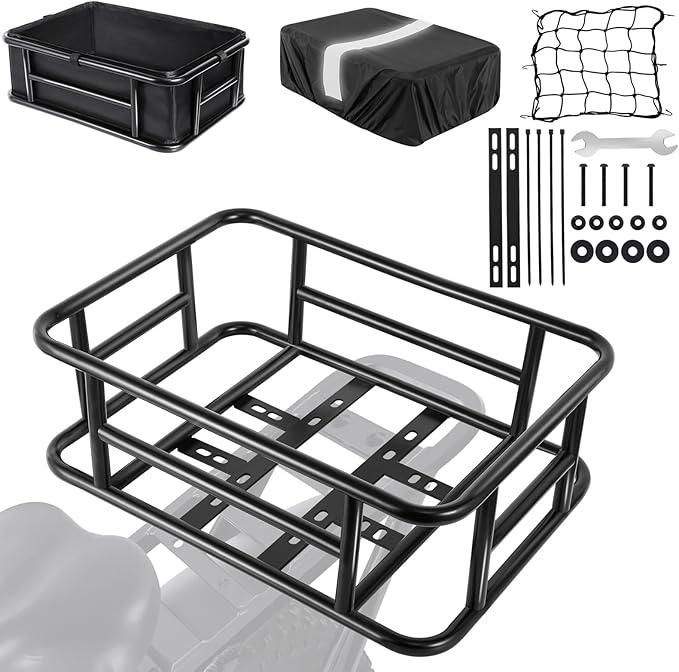 Bike Basket Rear with Liner,Waterproof Cover,Cargo Net Large Rear Bike Basket,Heavy Duty Bicycle Rear Basket for Electric Bike, Ebike,Great for Bike Trip,Carrying Grocery,Ball,Dog