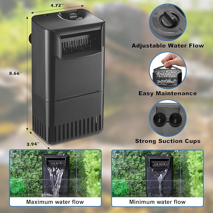 Turtle Tank Filter Aquarium Filter Power Adjustable 10-40 Gal. 222 GPH Small Internal Filter 3-Stage Waterfall Bio-Filtration Low Water Level for Freshwater Saltwater Fish Tank Reptile Shrimp Frog