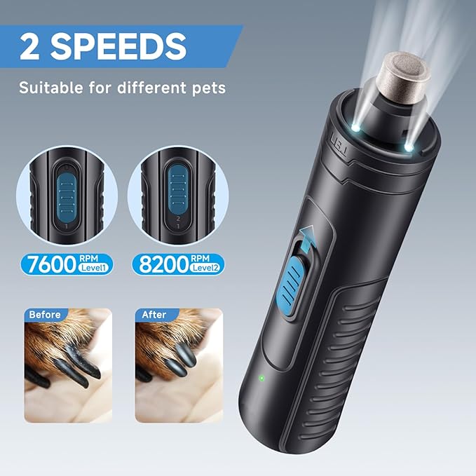 Dog Nail Grinder Quiet 2-Speed Pet Nail Grinder with 3 Led Lights and 3 Ports Rechargeable Electric Dog Nail Trimmer for Large and Small Dogs/Cats and Small Animals Safe (Black)