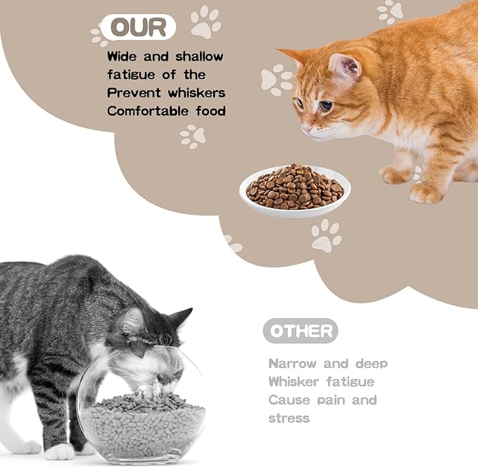 6 Pack Cat Food Bowl, Ceramic Cat Bowls, Anti Whisker Fatigue Cats Bowl Set,5.5 Inches Shallow Wide Kitten Plates for Food and Water (Cat's Paw+Fishbone)