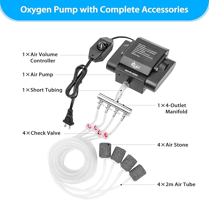 AQQA Aquarium Air Pump Powerful Pond Aerator Oxygen Pump 4 Outlets Adjustable Hydroponic Air Bubbler Pump with Air Stone Tube Air Valves for Up to 1000Gal (15W,356GPH)