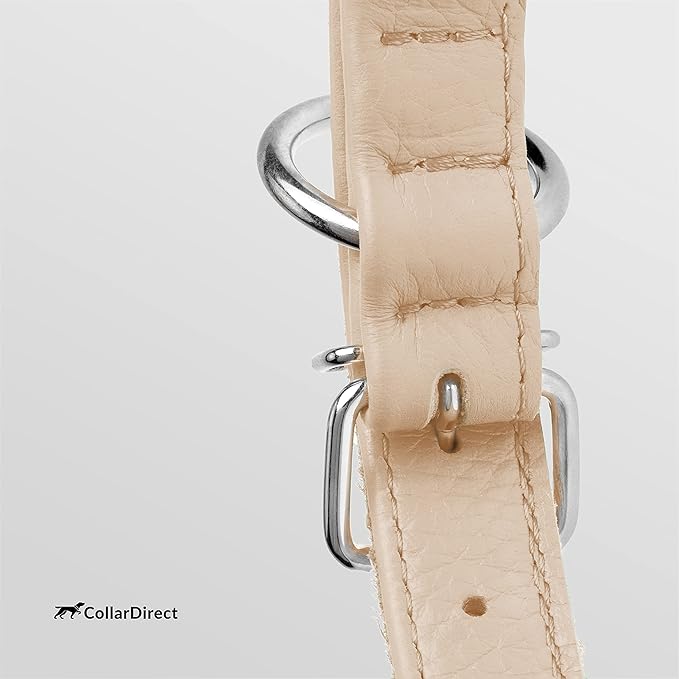 CollarDirect Rolled Leather Dog Collar, Soft Padded Round Puppy Collar, Handmade Genuine Leather Collar Dog Small Large Cat Collars 13 Colors (13-16 Inch, Beige Textured)