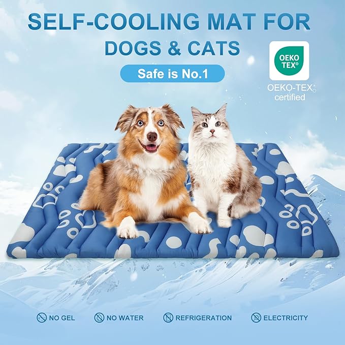 BEAUTYZOO Dog Cooling Mat- Upgraded Thicken Cooling Mat for Large Dogs Reversible(Cool & Warm) Pet Ice Cool Bed Washable & Portable, Summer Crate Pad for Big Dog Puppy Up to 44 lbs, Paw Blue 36X23IN
