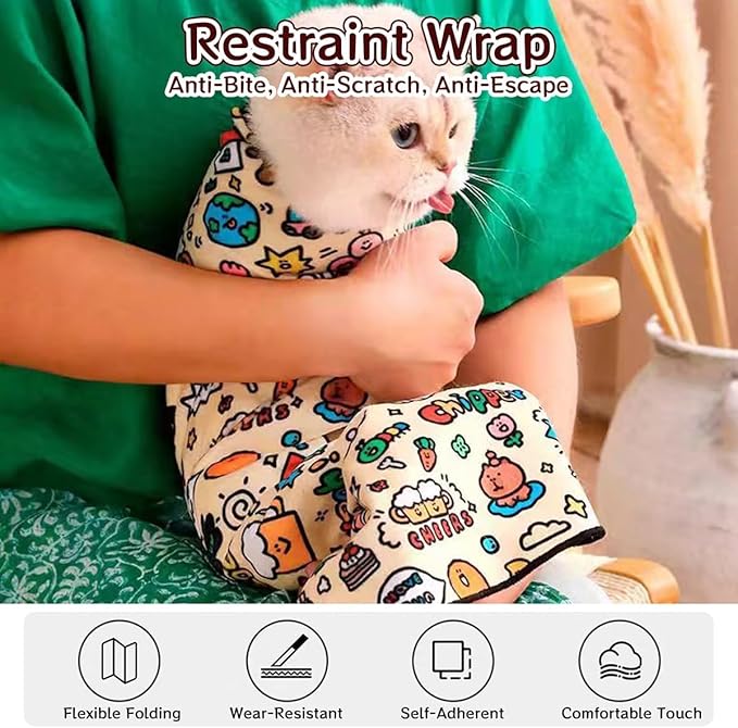 Cat Grooming Wrap – Self-Adherent Anti-Scratch Swaddle Restraint Bag for Nail Cutting, Medication, Multifunctional Care - Calm Cozy Burrito Papoose Pet Magic Blanket (31.5*31.5inches within 22lbs)