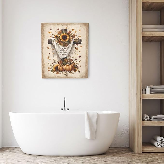 Christian Fall Wall Art Autumn Rustic Cross Sunflower Pumpkin Wall Decor Fall for Jesus He Never Leaves Pictures Painting Print Framed Artwork Decorations Gifts for Living Room Bedroom Prayer Room Office 20"x24"