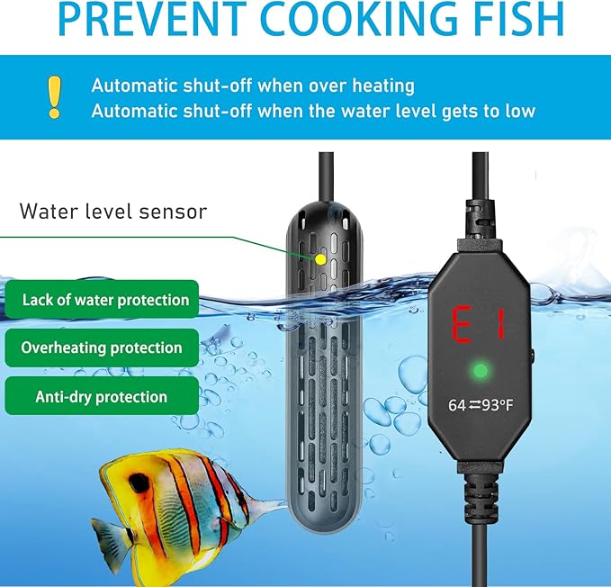 YukiHalu Small Aquarium Heater 25/50/100/150W with Protective Cover, Mini Fish Tank Heater, External Controller, Temperature Adjustable, Digital Display, Used for 5/10/20/30 Gallons (150W-30Gallon)