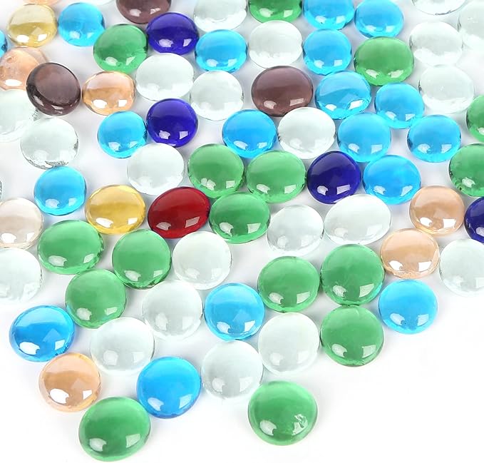FUTUREPLUSX 1LB Multicolored Flat Glass Marbles, Mixed Mancala Stones Pebbles Flat Beads Mosaics Gemstones for Vase Filler Table Scatter Home Decor