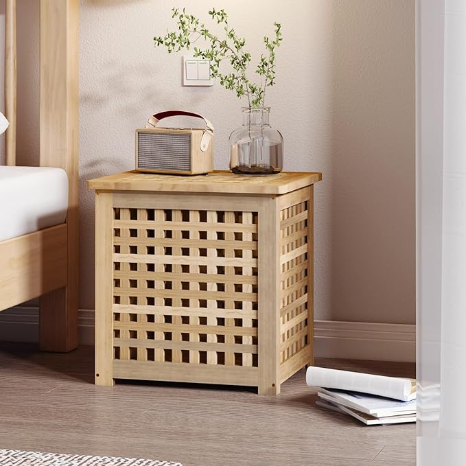 Bench with Storage, Acacia Laundry Hamper with Seat, Storage Benches with Seating for Entryway, Living Room, Bedroom, Bathroom (15.7x19.7x17.7in)