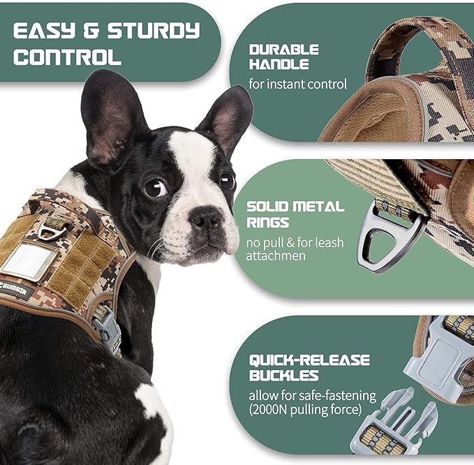 BUMBIN Tactical Dog Harness for Small Dogs No Pull, Famous TIK Tok No Pull Puppy Harness, Fit Smart Reflective Pet Walking Harness for Training, Adjustable Dog Vest Harness with Handle Desert Camo XS