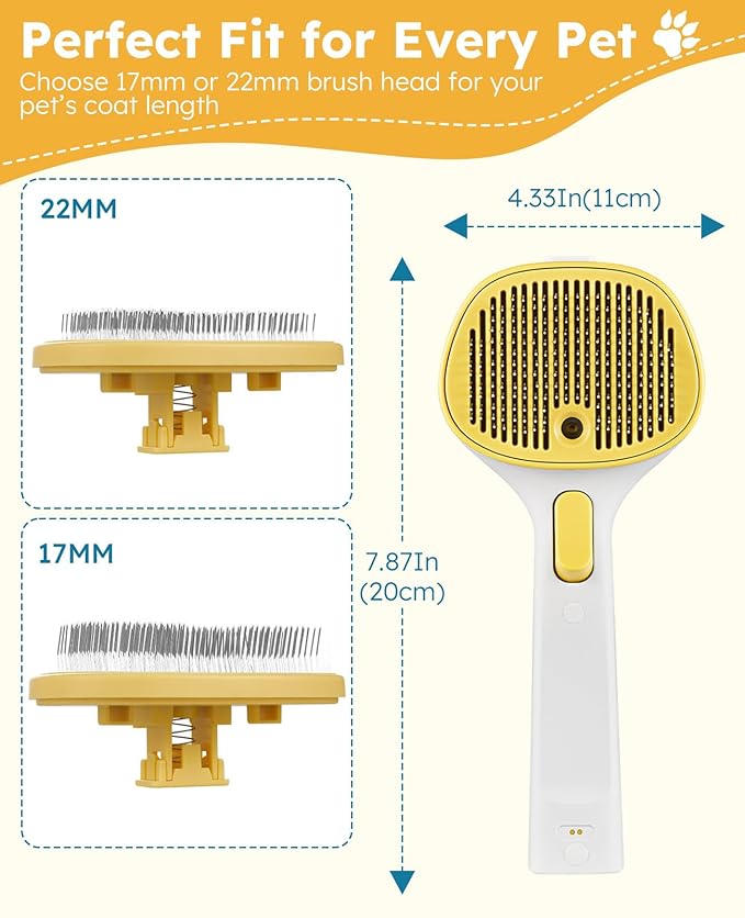 FURGO 3-in-1 Pet Steam Brush for Dogs & Cats – Reduces Static, Short-Pin Head for Short Hair, One-Click Release Button, Dog Spray Brush for Shedding Control (Short)
