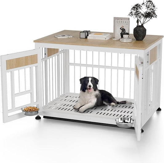 Dog Crate Furniture End Table, 38 Inch Hidden Kennel Cabinet with Removable Tray, Thickened Metal Frame Dog Cage, Dual-Purpose Pet House & Nightstand for Living Room