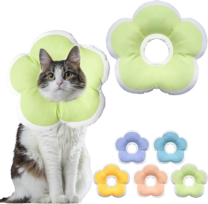 Cat Cone Collar Soft, Waterproof Cats Cones to Stop Licking After Surgery, Adjustable Soft Elizabeth Cats Collars for Wound Healing, Flower Shape Cat Recovery Collar (Green, Large)