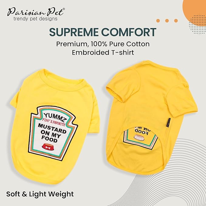 Parisian Pet Dog Shirt - Embroidered “Mustard on My Food“ - 100% Cotton and Polyester Dog Clothes - Sleeved, Lightweight Costume for Dogs - Yellow Dog Shirts for Medium-Sized Dogs - Pet Costumes - M