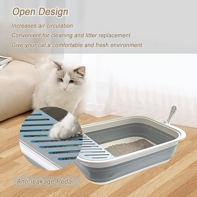 Collapsible Small Cat Litter Box,Kitten Open Potty Pan with Scoop Cat Toilet with Falling Sand Pedal Low Entrance Foldable Kittens Travel Litter Box Blue