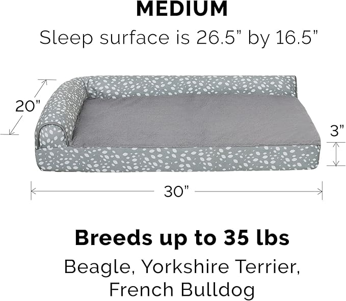 FurHaven Supportive Cooling Memory Foam L Chaise Dog Bed with Washable & Removable Cover - Plush & Almond Print - Gray Almonds, Dogs Up to 35 lbs - Medium