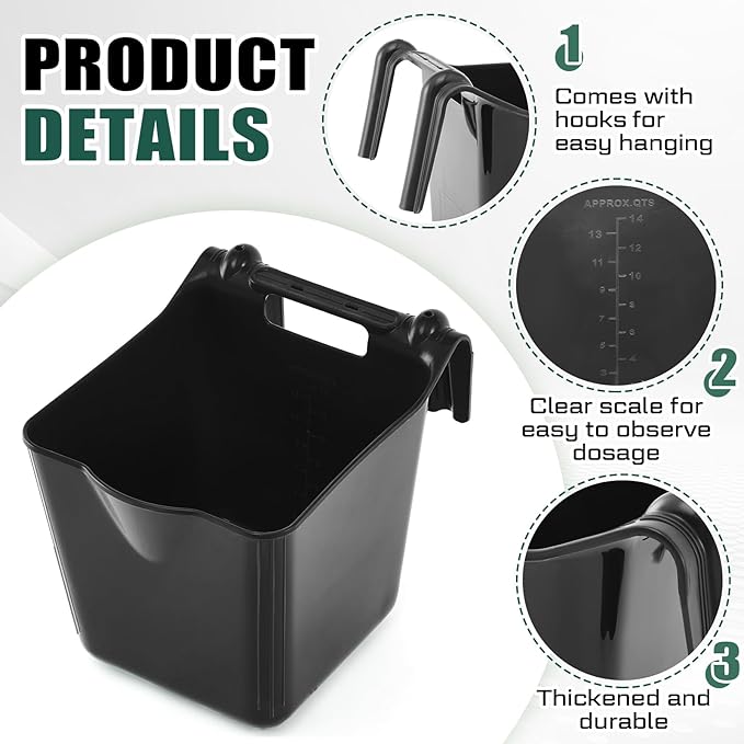4 Pack 15 Quart Horse Feeders for Stall Hook Over Hanging Fence Hay Feeder Mountable Livestock Plastic Feed Bucket for Farm Stalls Pasture, Stable to Feed Horses Sheep Cattle Cows Etc(Black)
