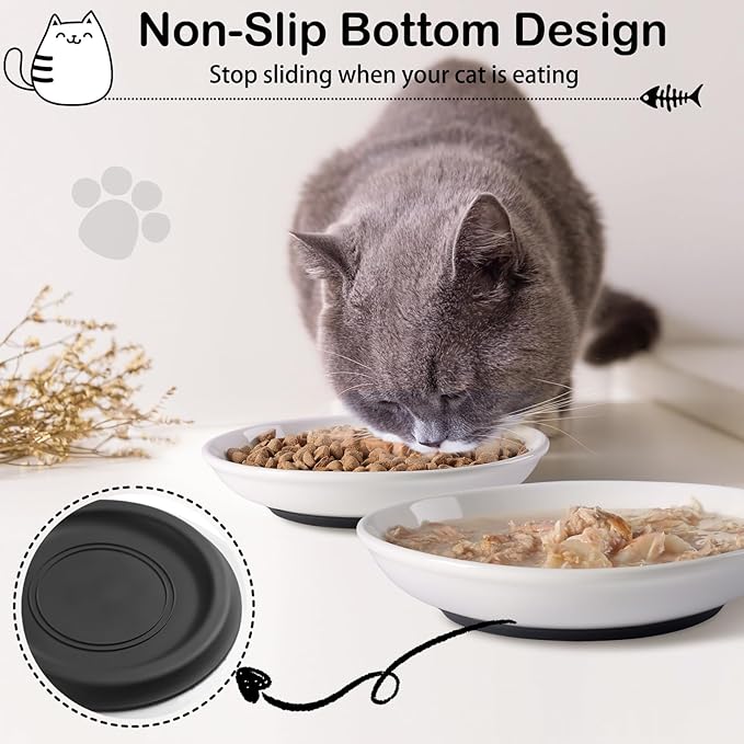 Cat Food Bowl,Healthy Ceramic Cat Bowls for Indoor Cats,Anti Whisker Fatigue Cats Dishes Set,Shallow Wide Kitten Plates for Food and Water,Non-Slip Silicone Bottom,3 Pack
