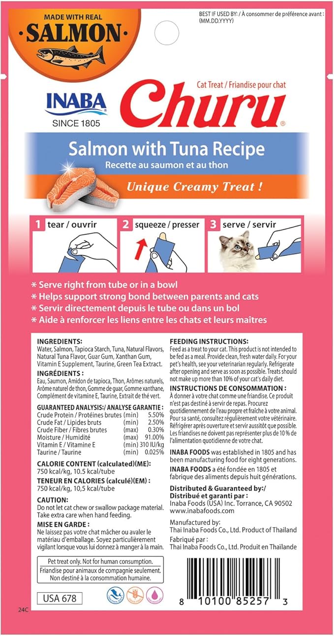 INABA Salmon Churu Cat Treats, Lickable, Squeezable Creamy Purée Cat Treat with Green Tea Extract & Taurine, 0.5 Ounces Each Tube, 24 Tubes (4 per Pack), Salmon with Tuna Recipe