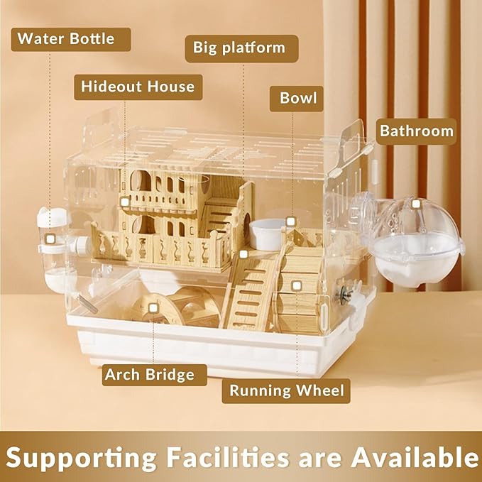 Cycodo 8 in 1 Acrylic Hamster Cage,2-Tier Dwarf Hamster Cage with Wooden Wheel & Hideout,Small Hamster Habitat with Accessories,Clear Pet Mice House(White,14" L*10" W*11" H)