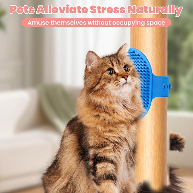 4Pcs Silicone Cat Grooming Brush Set, Multi-Functional Cat Self Groomer for Indoor Cats, Wall Mounted Face Scratchers, Grooming Strap Pad for Sofa & Chair Legs (Blue, Red)