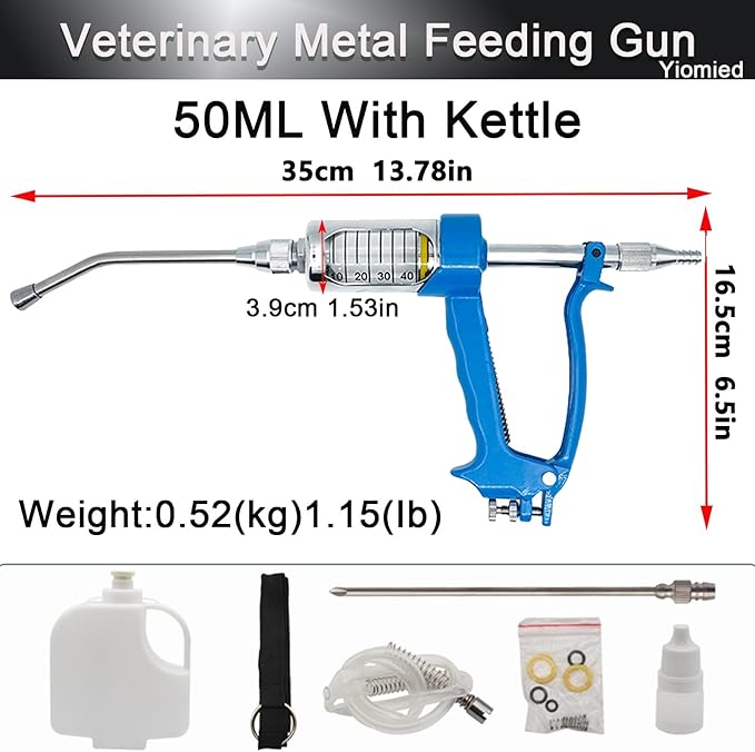 50ML Veterinary Metal Feeding Gun, Continuous Drench Gun Dosing Device Veterinary Adjustable Medicine Dispenser Husbandry Autonomous Feeding Tool, for Pig Cow, Sheep, Horse (Blue, 50ML+Kettle)