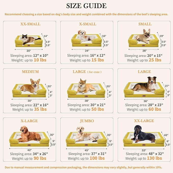 Comfort Expression Small Dog Beds Waterproof Orthopedic Foam Dog Sofa Beds for Medium Dogs Comfy Pet Bed with Washable Removable Cover & Non-Slip Bottom(Small,Spicy Mustard)