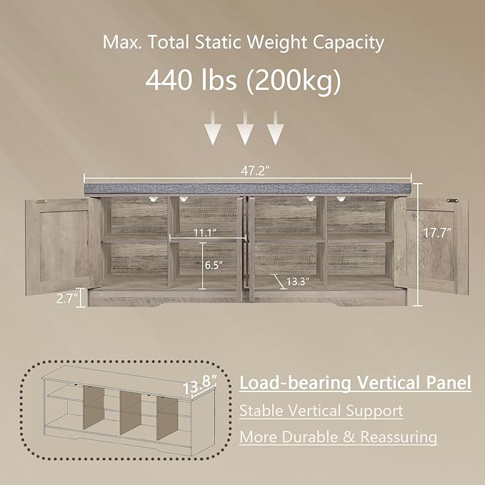 DINZI LVJ Shoe Bench, Entryway Storage Bench with Doors, Cushion, 2-Tier Shoe Rack with 8-Cubby, 47.2”L x 13.8”W Shoe Organizer Cabinet, Adjustable Shelf, Living Room, Bedroom, Gray Wash