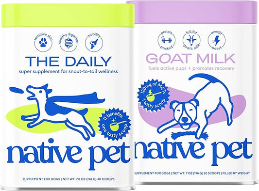 Native Pet The Daily Dog Supplement (30 Scoops) and Goat Milk Powder for Dogs and Cats (60 Scoops).- 11-in-1 Multivitamin and Food Topper to Support a Healthy Digestive System