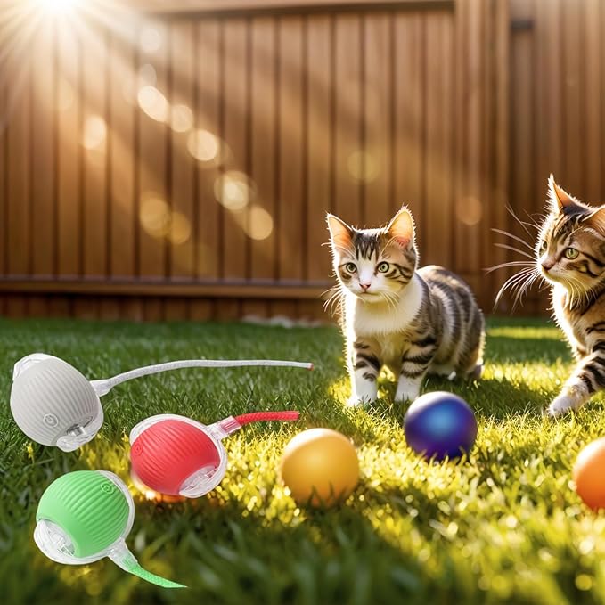 Electric Cat Toy - Automatic Rolling cat Toy with Motion sensors, Designed for Indoor Cats, Suitable for Solo Play (USB Rechargeable) (Red)