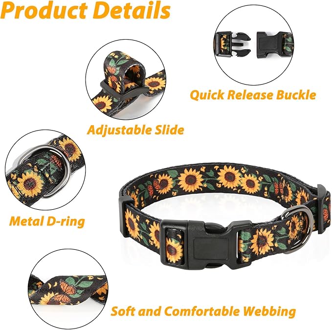 HEELE Dog Collar, Adjustable Soft Dog Collar for Small Medium Large Dogs,Sunflower Floral Patterned Puppy Collars with Quick Release Buckle Sunflower Black S Length 9.84''-14.96'