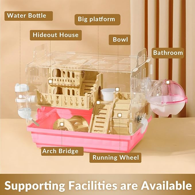 Cycodo 8 in 1 Acrylic Hamster Cage,2-Tier Dwarf Hamster Cage with Wooden Wheel & Hideout,Small Hamster Habitat with Accessories,Clear Pet Mice House(Pink,14" L*10" W*11" H)