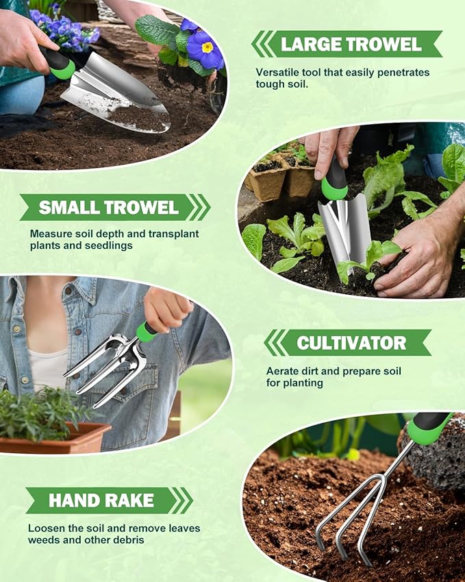 Garden Tools Set, 8 in 1 Heavy Duty Garden Tools Kit, Stainless Steel Ergonomic Gardening Hand Tool with Upgraded Bag, Gardening Supplies Gift for Women, Kid, Organizer
