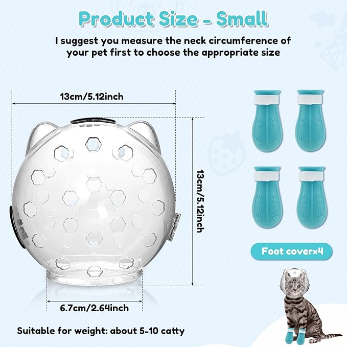 Cat Muzzle, Cat Mouth Cover for Grooming with 4 Silicone Paw Shoes, Cat Anti Bite Helmet, Silicone Claw Covers, Cat Breathable Hood for Cats Bathing Shaving Nail Trimming (Small)
