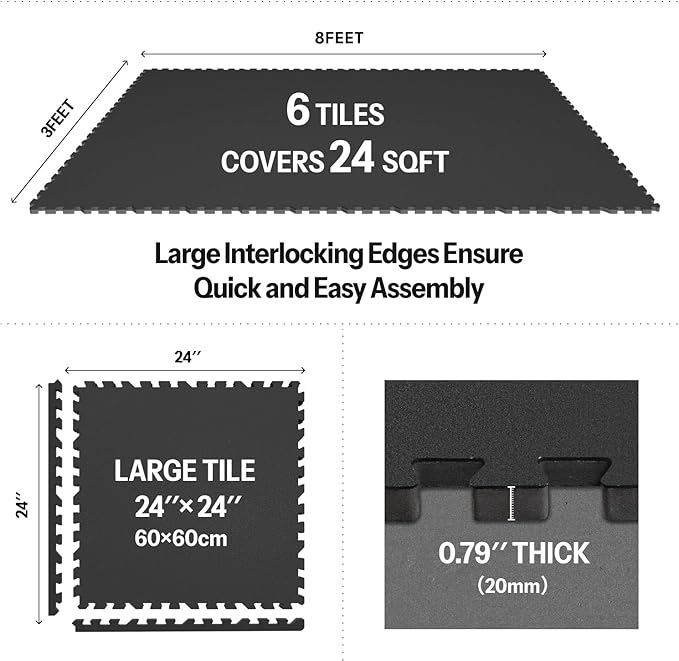 AIRHOP 0.79in Thick 24 Sq Ft Exercise Equipment Mats, 6 Tiles Upgraded Rubber Top with High Density EVA Foam, Large Interlocking Puzzle Gym Flooring for Home Gym, Heavy Weight Workout,Black