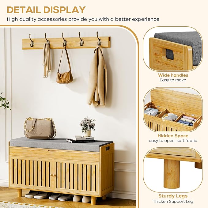 Coat Rack Shoe Bench Set, Bamboo Shoe Storage Bench with Seat Cushion & 5 Hooks, Hall Tree Entryway Bench with Lift Top Hidden Storage, 35.4" W x 12.6" D x 19.7" H, for Entryway, Living Room, Bedroom