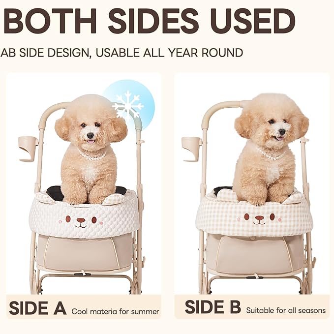 Cooling Cushion for Pets, Removable & Washable Dog Stroller Cushion, Both Side Used Pet Stroller Cushion for Dogs & Cats, Khaki