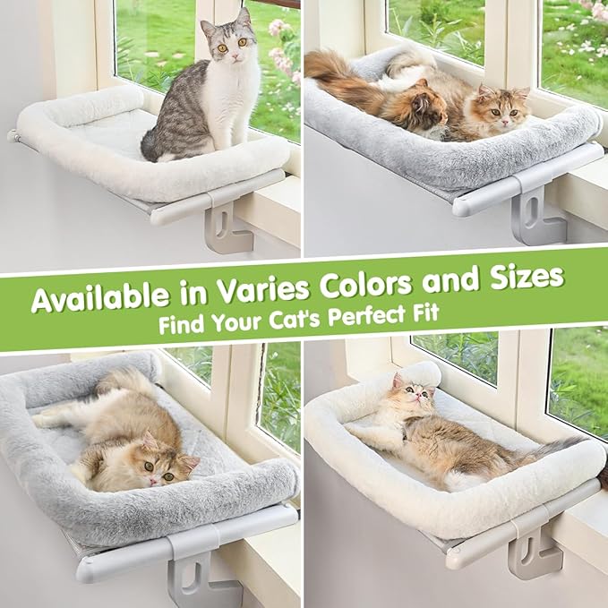 Cat Window Sill Perch with Large Bolster, Easy to Adjust & Assemble Cat Window Seat for Windowsill & Bedside, Pet Hammock Bed for Large Cats and Kittens (Grey, L)