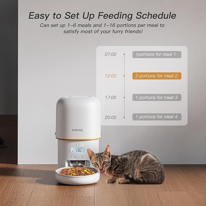 Automatic Cat Feeder - 2L Cat Food Dispenser, Timed Auto Pet Feeder with 180-day Battery Life, 1-6 Meals Per Day, 1-16 Portion, Ceramic Bowl, Desiccant Bag Keeps Dry Food Fresh, Also for Small Dogs