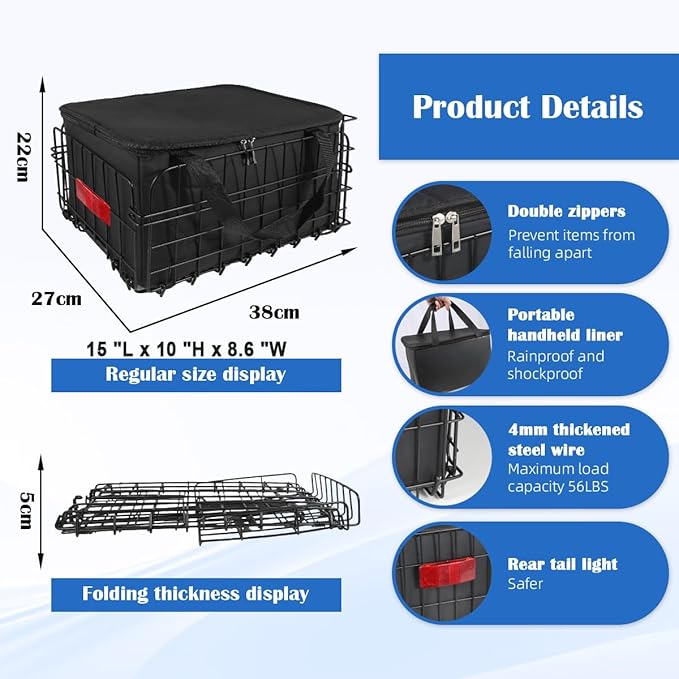 Bike Basket Rear, Folding Bicycle Basket with Removable Waterproof Liner Bag, Rear Bike Cargo Rack, Bike Accessories Frame Basket for Adult Women Men Carrying Dogs,Pet,Grocery,Quick Release Design