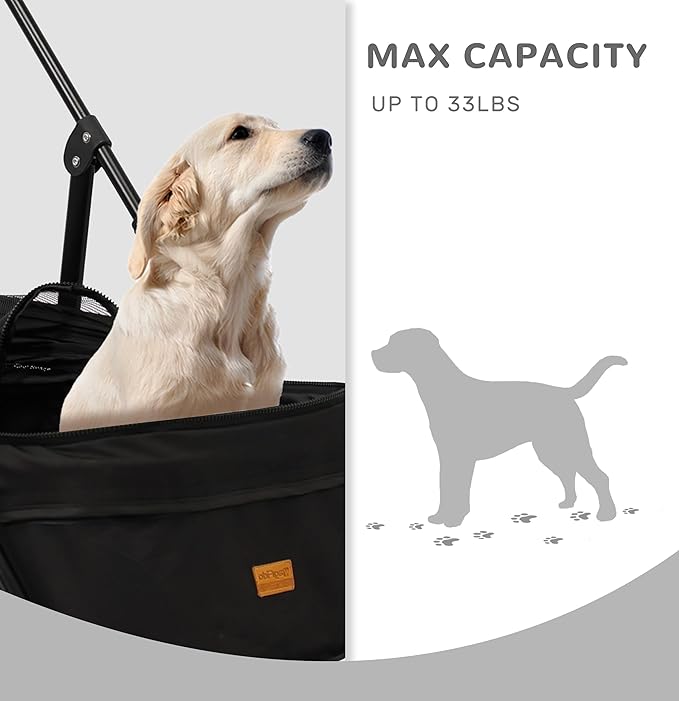 4 Wheels Pet Stroller,One-Click Folding Portable Folding Dog Cat Stroller,Sunshade, Storage Bag, Waterproof Oxford Fiber，Breathable and Visible Mesh for Small/Medium Pets up to 33 lbs,Black ﻿