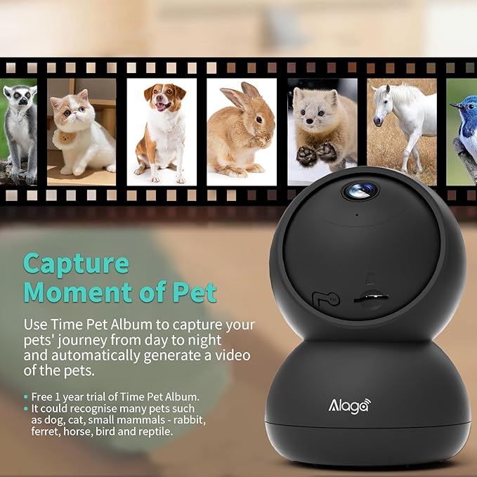 Alaga 3K Pet Camera, Dog Monitor with Phone App, 360° Pan/Tilt, Night Vision, Speaker, WiFi Cameras for Dog/Cat, Compatible with Alexa & Google Assistant, Black, Includes 1-Year Pet Time Album