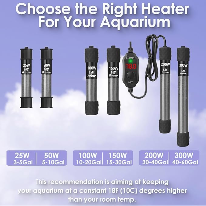 Super Compact 200W Fish Tank Heater, Submersible Aquarium Heater with LED Digital Display Thermostat, Adjustable Fish Heater for 20-40 Gallon Tanks