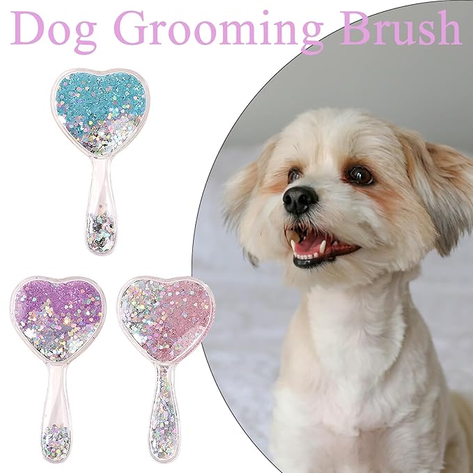 Small Dog Brush, Soft Brush for Shih Tzus, Yorkies, Maltipoos, Maltese, Love Shape Puppy Massaging Hair Comb for Small Dogs Cats Rabbits of All Hair Types (Glitter Blue)