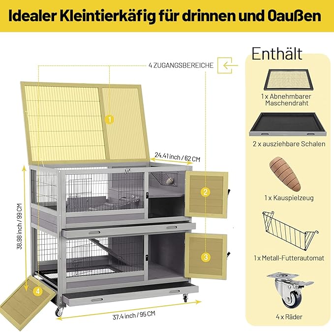 Aivituvin Rabbit Hutch Rabbit Cage Outdoor & Indoor on Wheels Bunny cage with Deep No Leak Pull Out Tray,Upgrade Version (Gray)