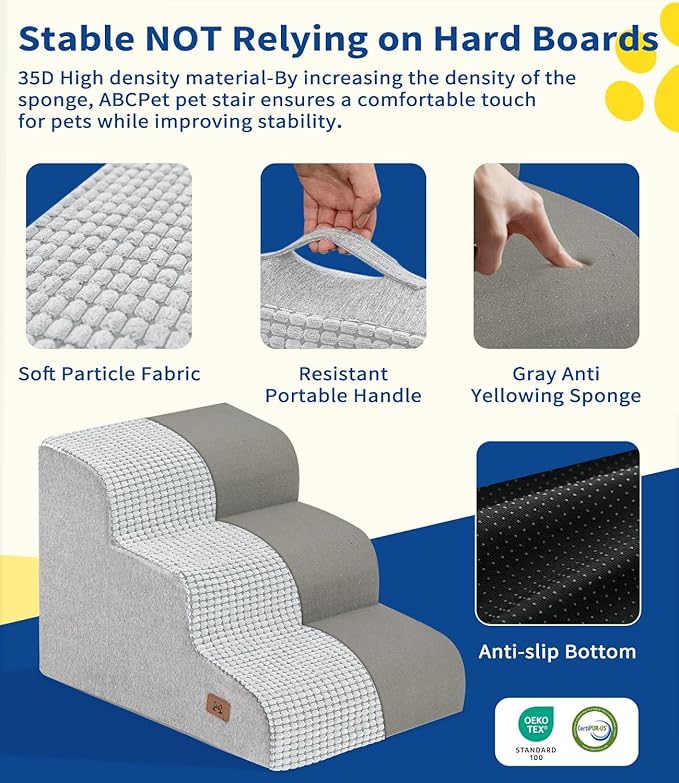 Dog Step for Bed, Dog Stair 3-Step 35D Pet Stair 15.7" H for High Bed or Sofa Non-Slip Balanced Pet Step Indoor, Light Grey