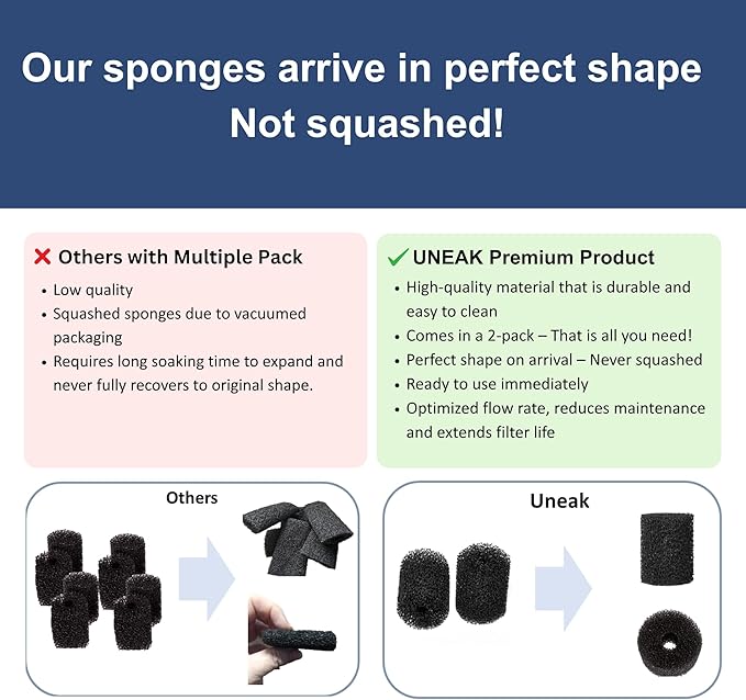 UNEAK 2-Pack Small Premium Pre Filter Sponge Aquarium Intake High-Porosity Foam Roll Fish Tank Shrimp Beta Baby Fish Replacement Foam Cover Filtration Freshwater Saltwater 5-20 Gallons Easy to Clean