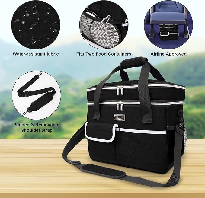 BAGLHER Dog Travel Bag for Supplies - Double-Layer Airline Approved Weekend Pet Travel Organizer Set for Dog and Cat Tote with 2 Pet Food Containers and 2 Collapsible Silicone Bowls Black