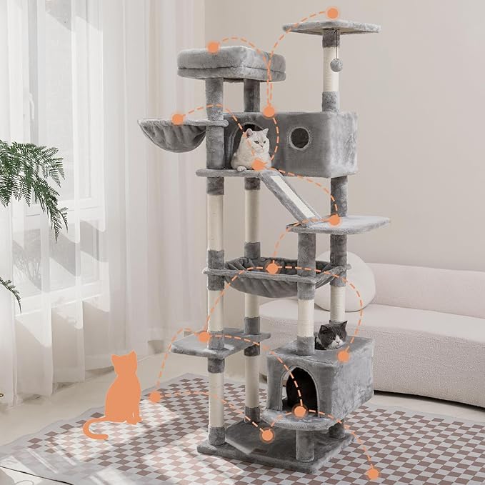 73 inches Large Cat Tree for Indoor Cats, Tall Cat Tower with Sisal Scratching Posts and Pads, Padded Plush Perch, Cozy Basket, Plush Condo for Large Cats (Grey)