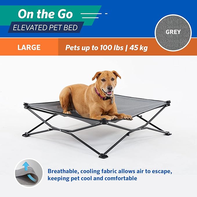 Coolaroo On-The-Go Elevated Dog Bed - Foldable Pop-Up Travel Dog Bed with Breathable, Moisture-Resistant Fabric, Carry Bag Included, Lightweight & Portable, Steel Gray, Large