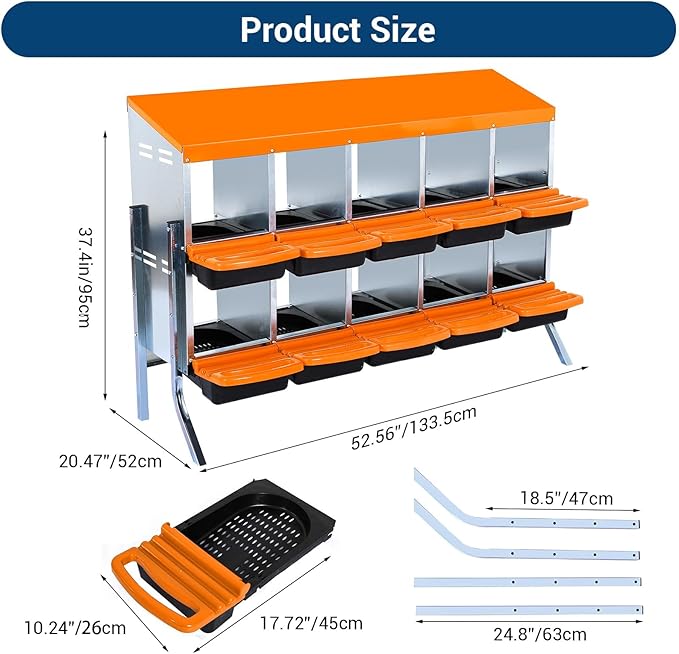 Chicken Nesting Box, 10 Hole 2 Layer Hen Nest Boxes with Legs, Roll Away Eggs Laying Boxes,Cleanable Pull Out Hen Roosting Boxes